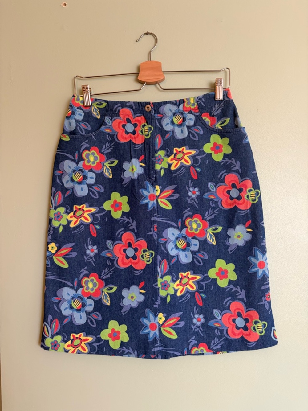 Floral A-Line Navy Skirt with Multicolor Bloom Print